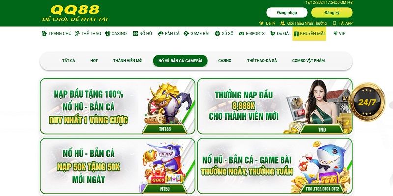 Hàng loạt khuyến mãi QQ88 khủng cho bắn cá, nổ hũ và game bài