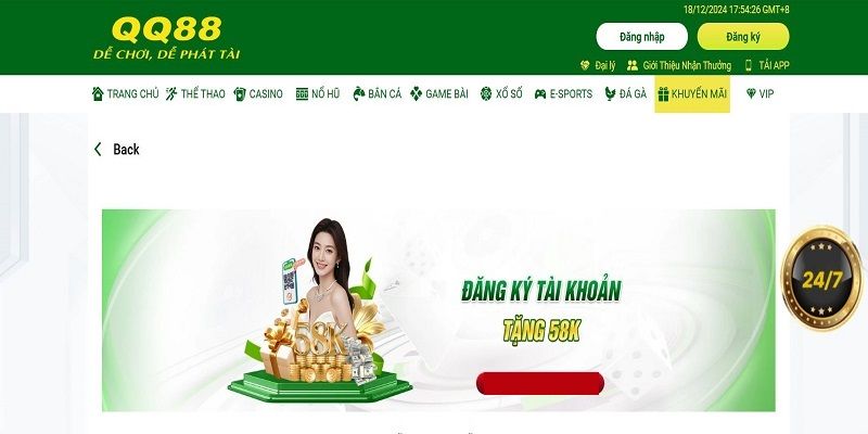 Sự kiện khuyến mãi QQ88 chào mừng khách hàng mới 58k